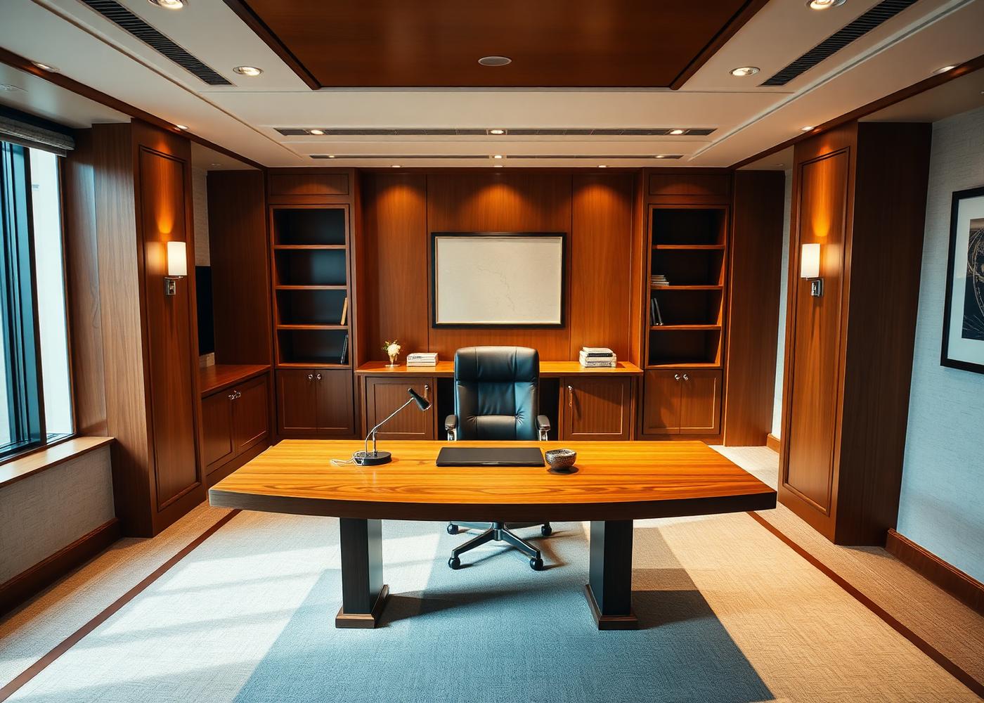 Executive office cabin furnished with a desk, chair and storage